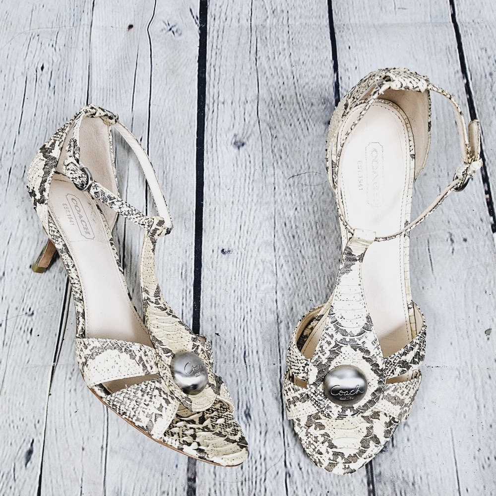 COACH | Hellena snakeskin leather t-strap peeptoe kitten heels